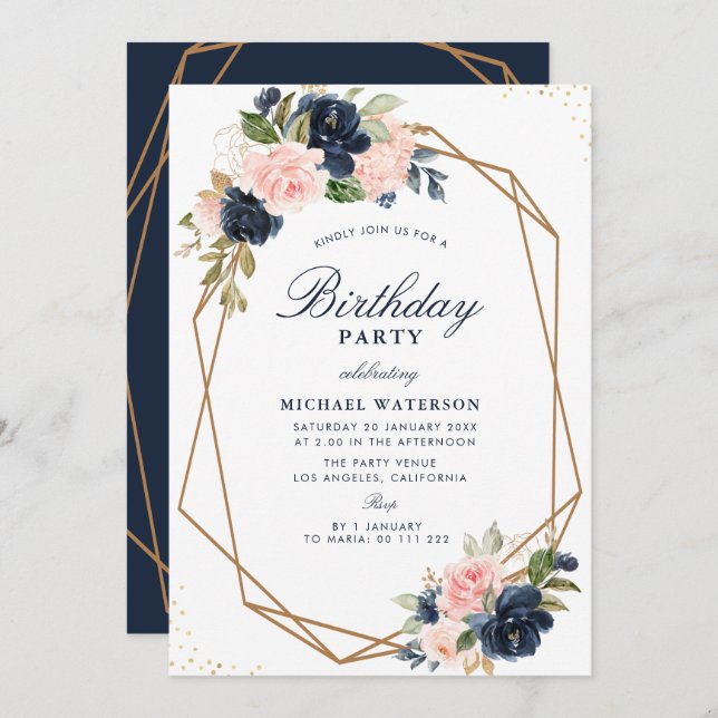 Invitación Nacimiento floral de acuarela y color azul (Anverso / Reverso)