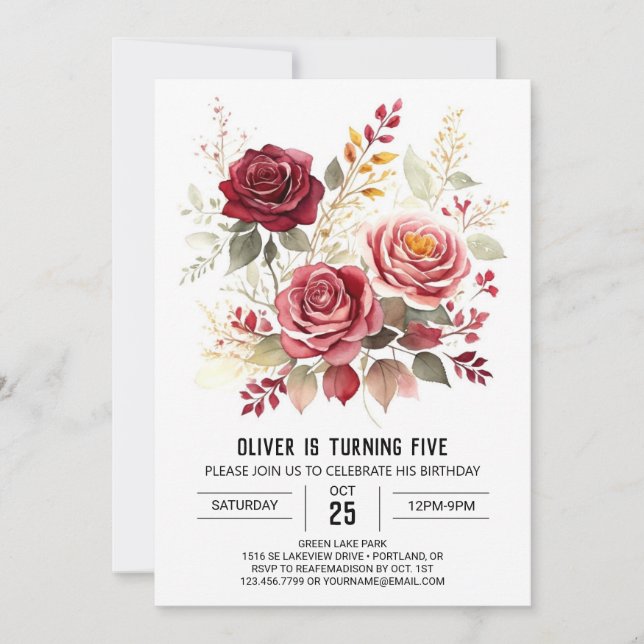 Invitación Nacimiento floral de Borgoña Digital para rosas (Anverso)