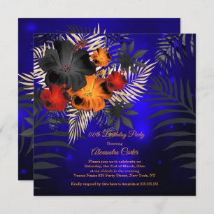 Invitación Nacimiento floral de Hibiscus negro Naranja azul