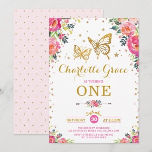 Invitación Nacimiento floral de mariposas doradas rosadas