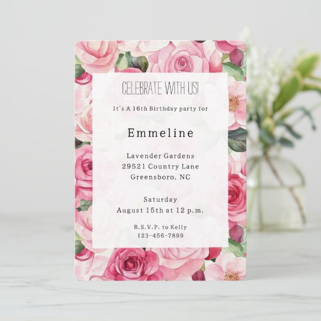 Invitación Nacimiento floral de rosas rosadas de bonito (Anverso de pie)