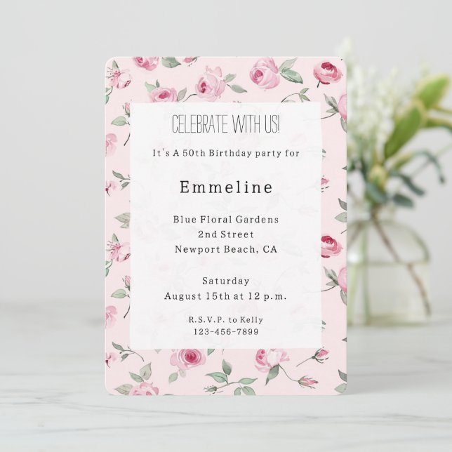 Invitación Nacimiento floral de rosas rosadas de bonito (Anverso de pie)