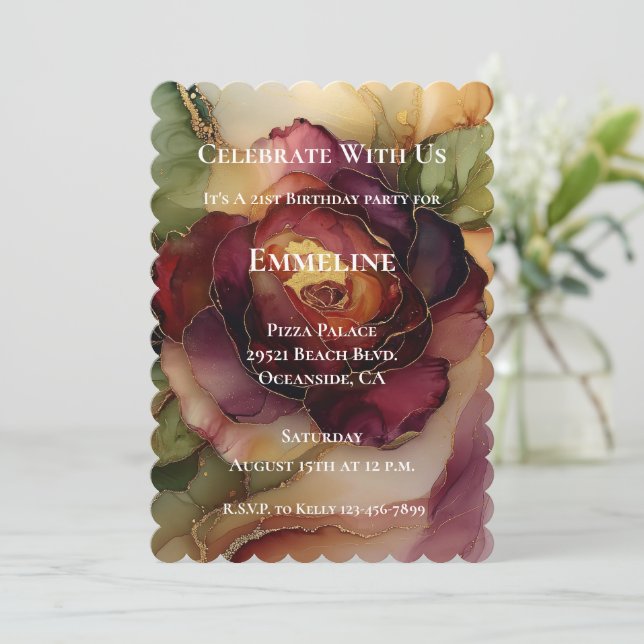 Invitación Nacimiento floral del Rosa de oro rojo de Borgoña (Anverso de pie)