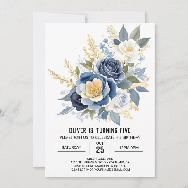 Invitación Nacimiento Floral Floral Azul (Anverso)
