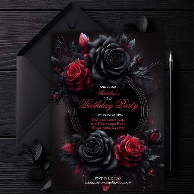 Invitación Nacimiento floral gótico romano rojo y negro (gothic invitation, red roses invite, black roses invitation, customizable birthday invite, )