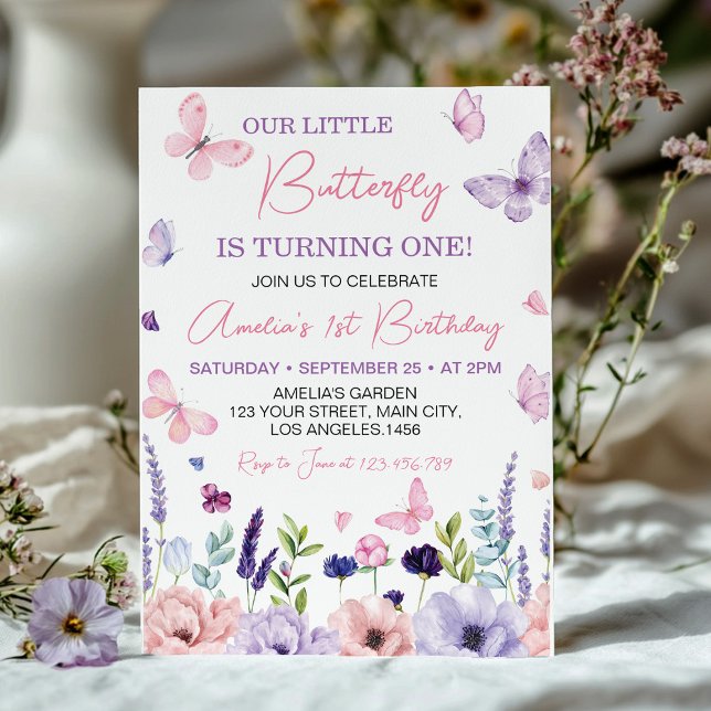 Invitación Nacimiento floral morado rosado de mariposa pequeñ (Subido por el creador)