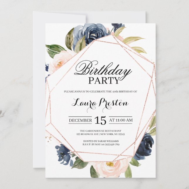 Invitación Nacimiento floral rosa de la Marina y Rubor (Anverso)