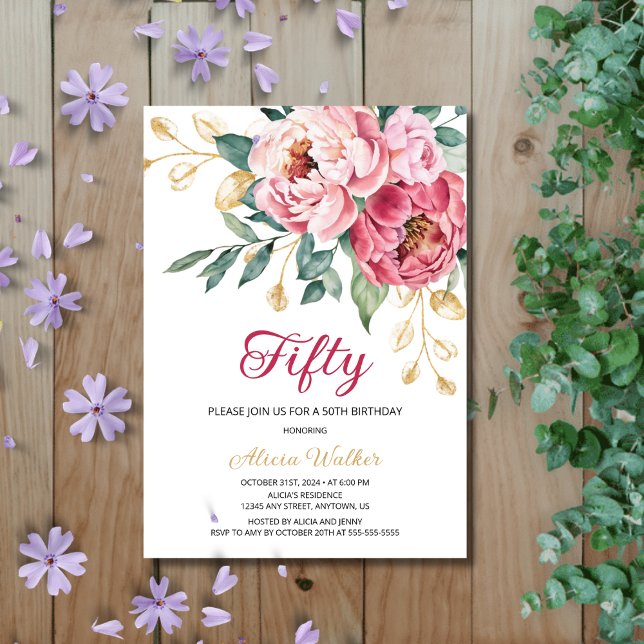 Invitación Nacimiento floral Rústico de Leaf de Oro Rosa Rojo (Subido por el creador)