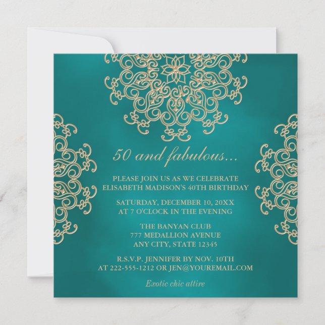 INVITACIÓN NACIMIENTO INSPIRADO EN INDIA VERDE AZULADA Y ORO (Anverso)