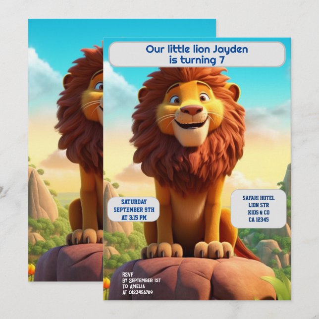Invitación Nacimiento León Nombre Personalizado Niños de Edad (Anverso / Reverso)