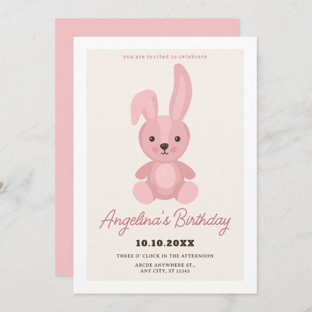 Invitación Nacimiento lindo de muñeca de conejo rosa (Anverso / Reverso)