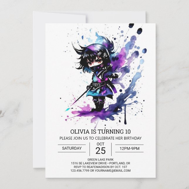 Invitación Nacimiento moderno de un pequeño Chica Ninja (Anverso)