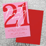 Invitación Nacimiento moderno rojo rosado 21<br><div class="desc">Toda la invitación a la Fiesta de Cumpleaños Rosa 21. Celebra que veintiún personas se vuelvan de moda con este diseño audaz y vibrante. El fondo es todo rosa, con "veintiuno" escrito en la parte superior en un guión blanco fluido, acompañado del resto de los detalles fiestas en fuentes serif...</div>