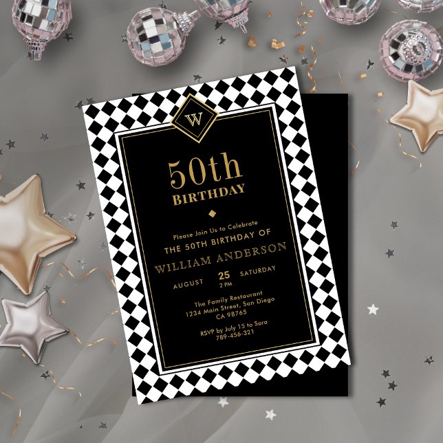 Invitación Nacimiento Monogramado de la Edad de los Hitos de  (Monogrammed Black & Gold Milestone Age Birthday Invitation)