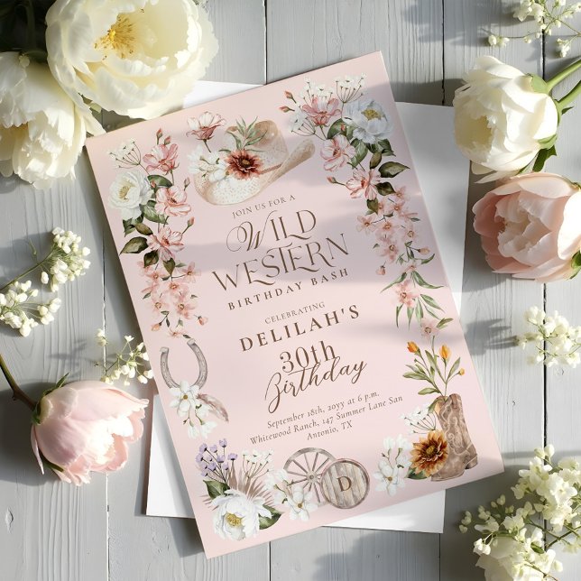 Invitación Nacimiento Occidental Bash Watercolor Floral Cowgi (Western Birthday Bash Watercolor Floral Cowgirl Invitation)