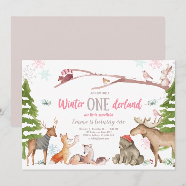 Invitación Nacimiento Rosa de la Tierra de los bosques de ONE (Anverso / Reverso)