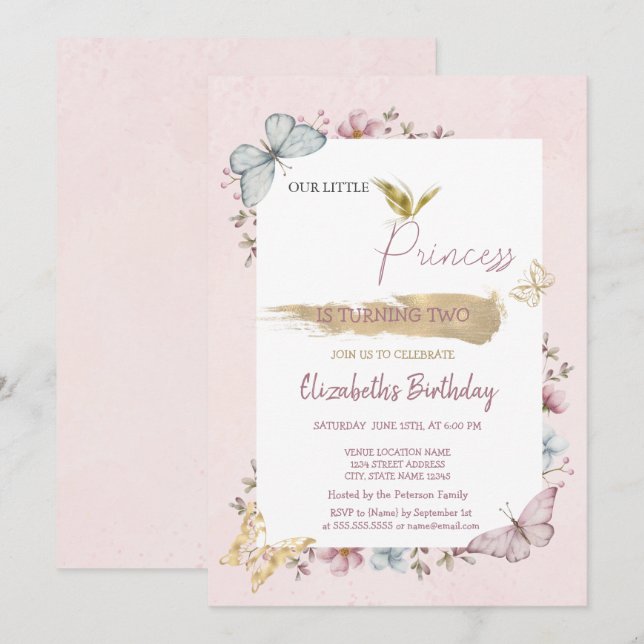 Invitación Nacimiento Rosado de las Mariposas Princesas (Anverso / Reverso)