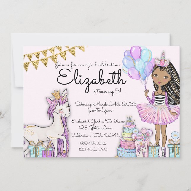 Invitación Nacimiento rosado de Unicornio afroamericano purpu (Anverso)
