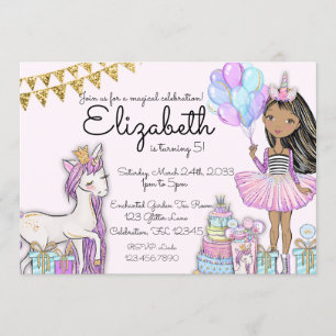 Invitación Nacimiento rosado de Unicornio afroamericano purpu