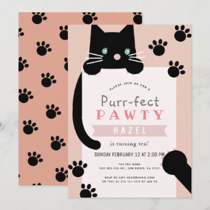 Invitación Nacimiento rosado del Chica Gato Negro Kitty