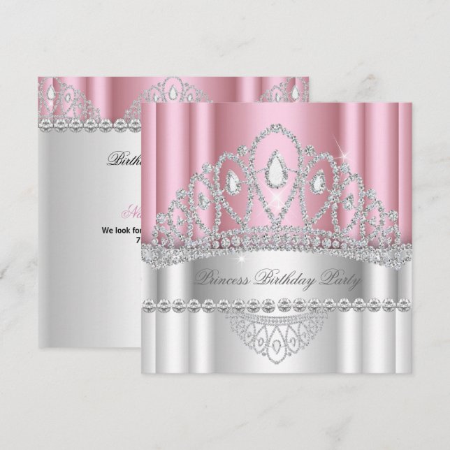 Invitación Nacimiento Tiara de Diamante Blanco Rosa (Anverso / Reverso)