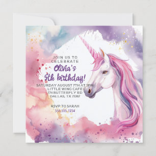 Invitación Nacimiento Unicornio de color rosa y púrpura