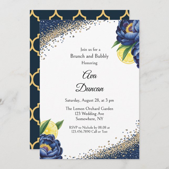 Invitación Nación Peony Citrus Pintado Brunch Floral Y Bubbly (Anverso / Reverso)