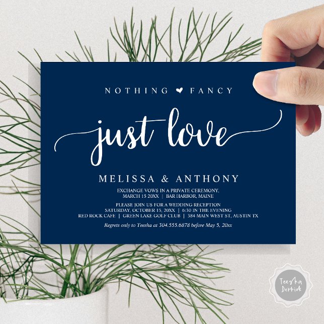 Invitación Nada de fantasía sólo amor, azul marino, invi (Nothing Fancy Just Love, Elopement, Rustic Wedding Invitation Card, in Navy Blue)