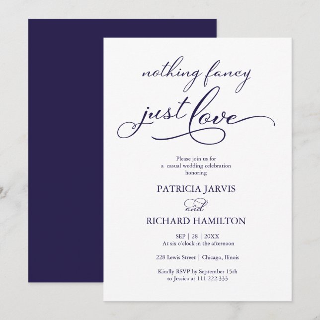 Invitación Nada Elegante Solo Amor Azul Marino Boda Informal (Anverso / Reverso)
