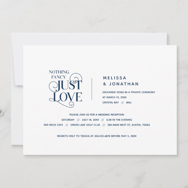Invitación Nada elegante, solo amor, azul marino, boda secret (Anverso)
