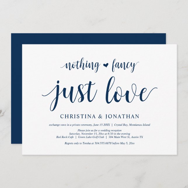 Invitación Nada Elegante, Solo Amor, Azul Marino, Fuga (Anverso / Reverso)