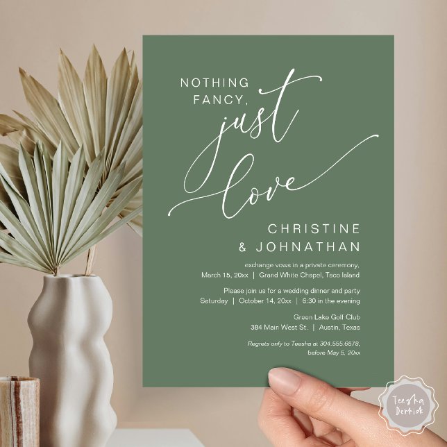 Invitación Nada Elegante, Solo Amor, Cena de Fuga de Boda (Nothing Fancy Just Love, Wedding Elopement Dinner Party Invitation Card, PDF, Forest Sage Green)