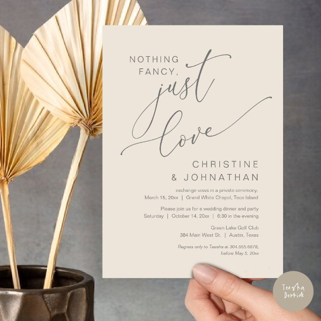 Invitación Nada Elegante, Solo Amor, Cena de Huida de Boda (Nothing Fancy Just Love Wedding Elopement Dinner Party Lunch Brunch Invitation Card, PDF, Grey Cream)