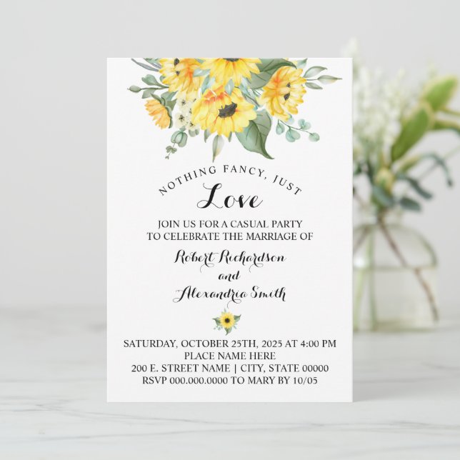 Invitación Nada elegante, solo amor fuga con girasoles (Anverso de pie)
