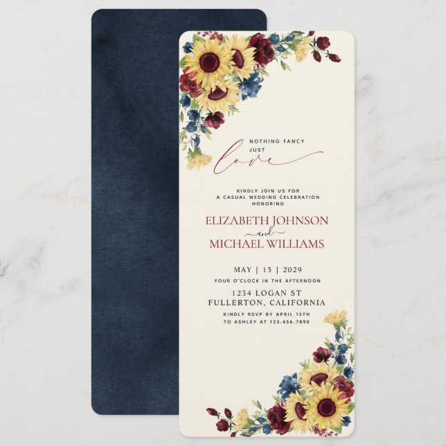 Invitación Nada Elegante Solo Amor Girasol Azul Borgoña (Anverso / Reverso)