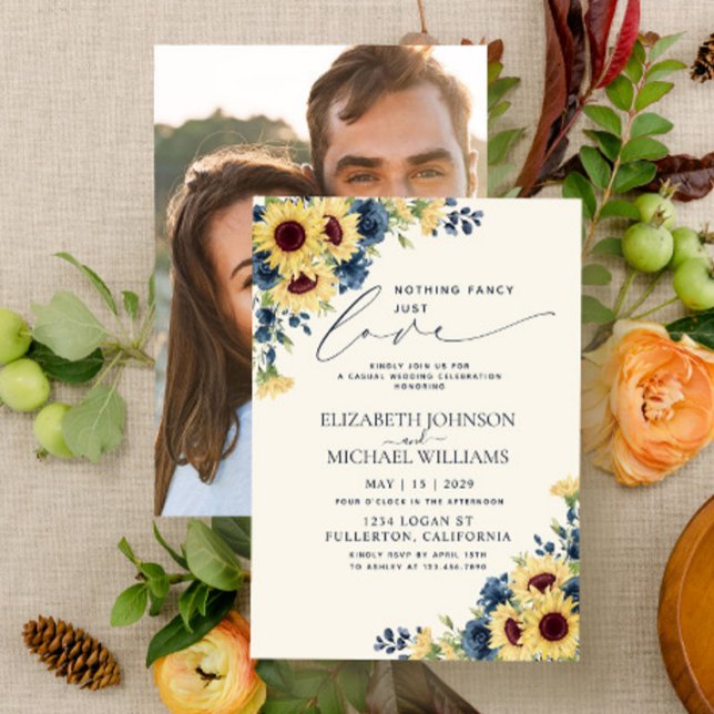 Invitación Nada Elegante Solo Amor Girasol Azul Marino Foto (Subido por el creador)