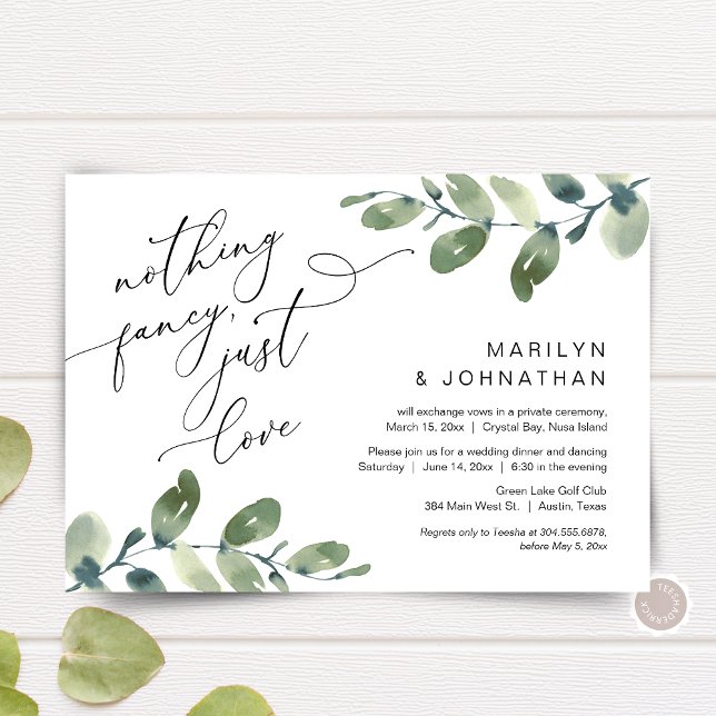 Invitación Nada Elegante, Solo Boda Intima Cena Verdor (Nothing Fancy, Just Love, post Wedding Elopement Dinner Invitation, in Eucalyptus Greenery themed)