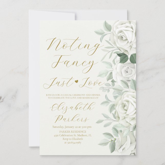 Invitación Nada Fancy Ama El Elopance De Las Rosas Blancas (Anverso)