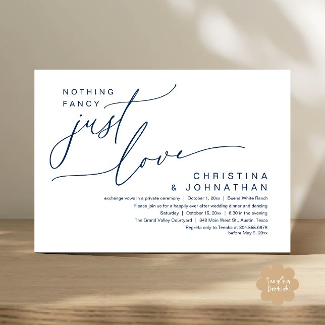 Invitación Nada Fancy Ama Solamente A Boda Fiesta De Cena (Nothing Fancy Just Love Modern Romantic Wedding Dinner Lunch Brunch Party Invites Card Navy Blue)