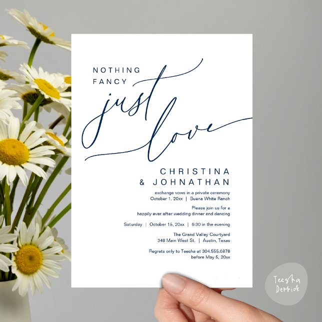 Invitación Nada Fancy Ama Solamente A Boda Fiesta De Cena (Nothing Fancy Just Love Modern Romantic Wedding Dinner Lunch Brunch Party Invites Card Navy Blue)