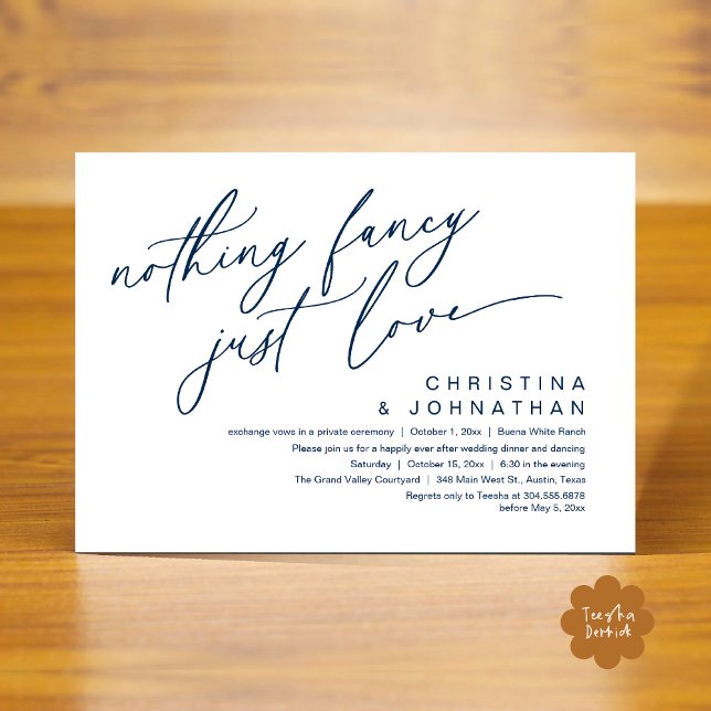 Invitación Nada Fancy Ama Solamente A Boda Fiesta De Cena (Nothing Fancy Just Love Modern Romantic Wedding Dinner Party Invitation Card PDF Navy Blue)