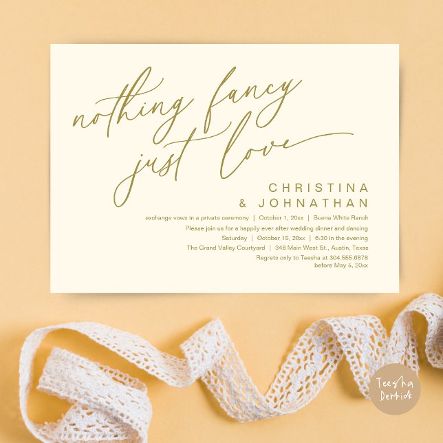 Invitación Nada Fancy Ama Solamente A Boda Fiesta De Cena (Nothing Fancy Just Love Modern Romantic Wedding Dinner Party Invitation Card PDF Yellow Gold)