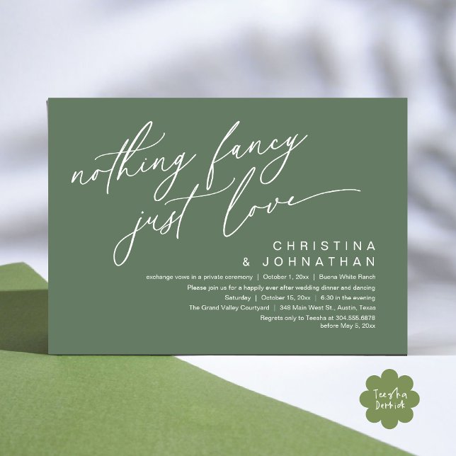Invitación Nada Fancy Ama Solamente A Boda Fiesta De Cena (Nothing Fancy Just Love Modern Romantic Wedding Dinner Party Invitation Card PDF Sage Green)