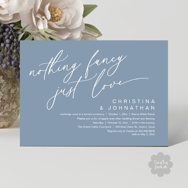 Invitación Nada Fancy Ama Solamente A Boda Fiesta De Cena (Nothing Fancy Just Love Modern Romantic Wedding Dinner Party Invitation Card PDF Dusty Blue)