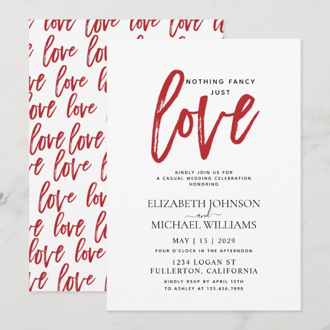 Invitación Nada Fancy Ama Solamente Al Boda Casual Rojo (Anverso / Reverso)