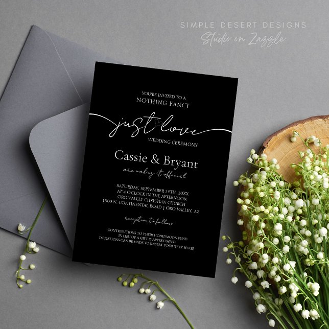 Invitación Nada Fancy Ama Solamente Al Boda Elegante De Guion (Elegant Minimal Black Wedding Invitation Nothing Fancy Just Love Theme)