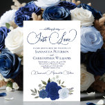 Invitación Nada Fancy Ama Solamente Al Elegante Boda De Rosas<br><div class="desc">Esta bonita invitación a la boda incluye un grupo de rosas pintados a mano en tonos azul polvoriento, marina e índigo, hojas de eucalipto y vegetación en el jardín. El encabezamiento está escrito con lujosas letras de guiones y dice: Nada de fantasía, Sólo amor. Esta invitación es la combinación perfecta...</div>