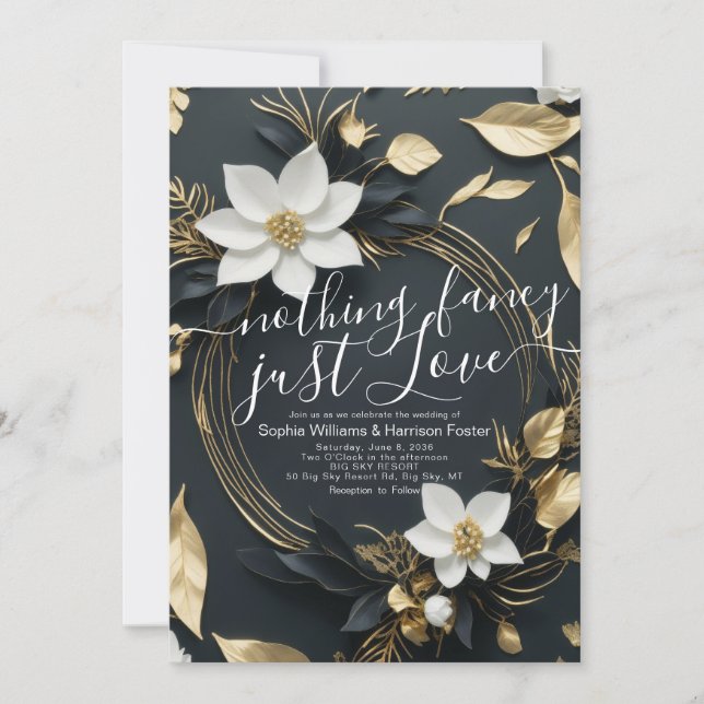Invitación Nada Fancy Ama Sólo A Boda Wreath Floral Oro (Anverso)