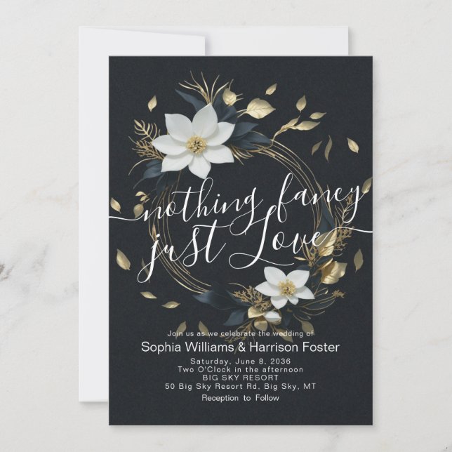 Invitación Nada Fancy Ama Sólo A Boda Wreath Floral Oro (Anverso)