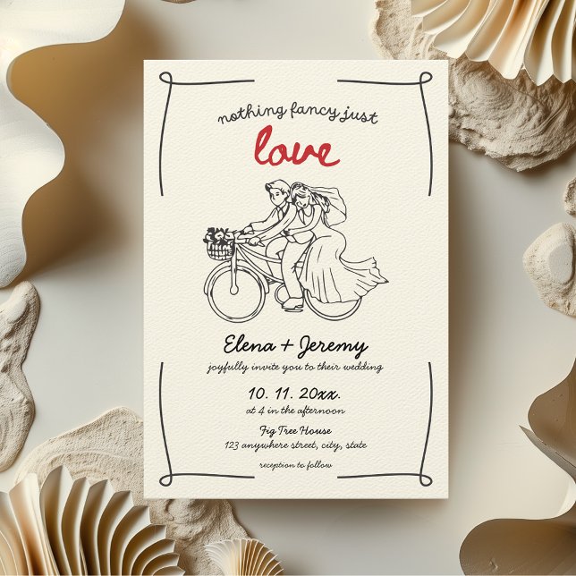 Invitación Nada Fancy Ama Solo La Mano De La Motocicleta (Nothing fancy just love wedding invitation hand drawn whimsical quirky motorcycle bike aesthetic)